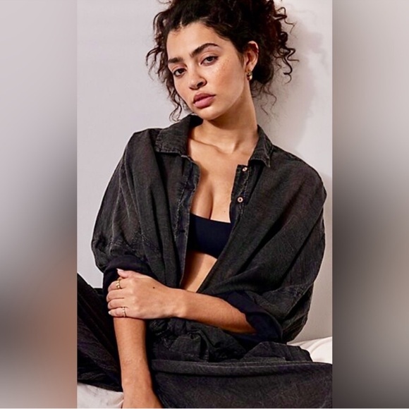Free People Heat Of The Night Charcoal Black Button-Up Shirt - Picture 2 of 3